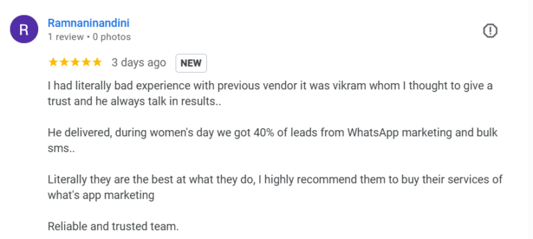 Google review from Ramnaninandini crediting UV Digital Solution WhatsApp marketing with 40 percent leads on Women's Day campaign