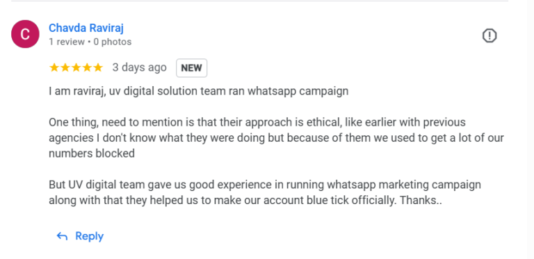 Google review from Chavda Raviraj praising UV Digital Solution WhatsApp marketing campaign and blue tick verification